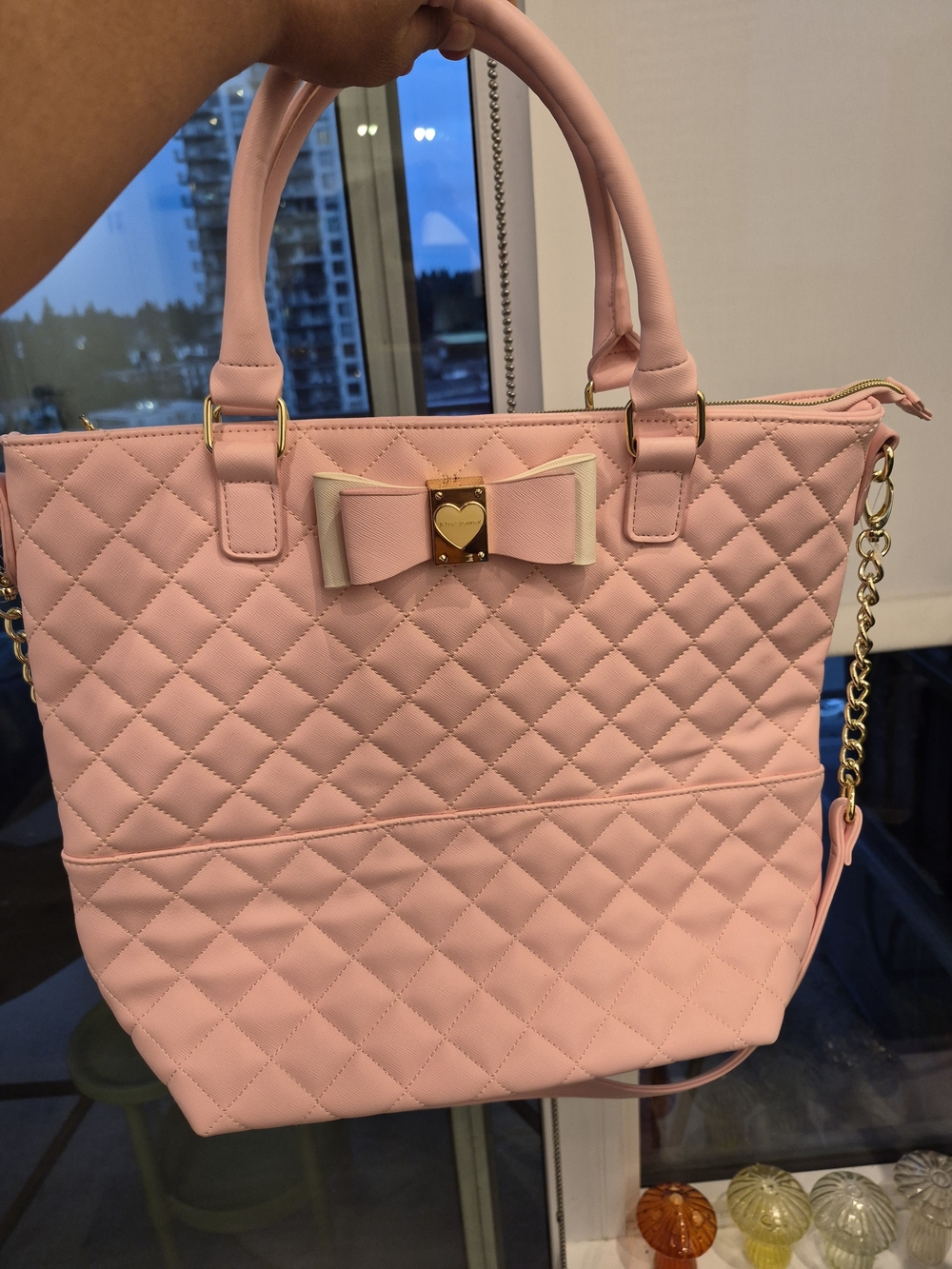 Betsey Johnson Pink Quilted Tote Bag with Bow Detail